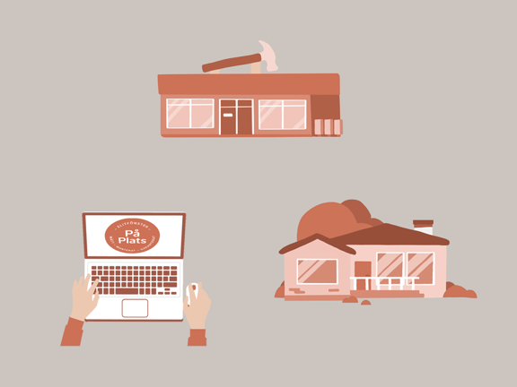 Illustration av en butik, dator och villa