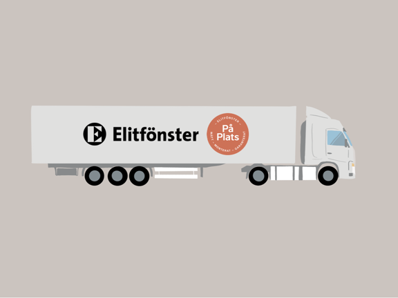 Illustrerad lastbil med Elitfönster På Plats-logga